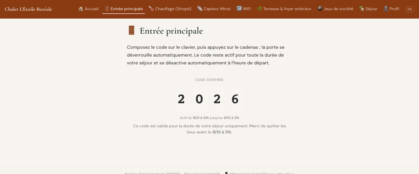 Page d'accès d'un chalet, avec code de porte